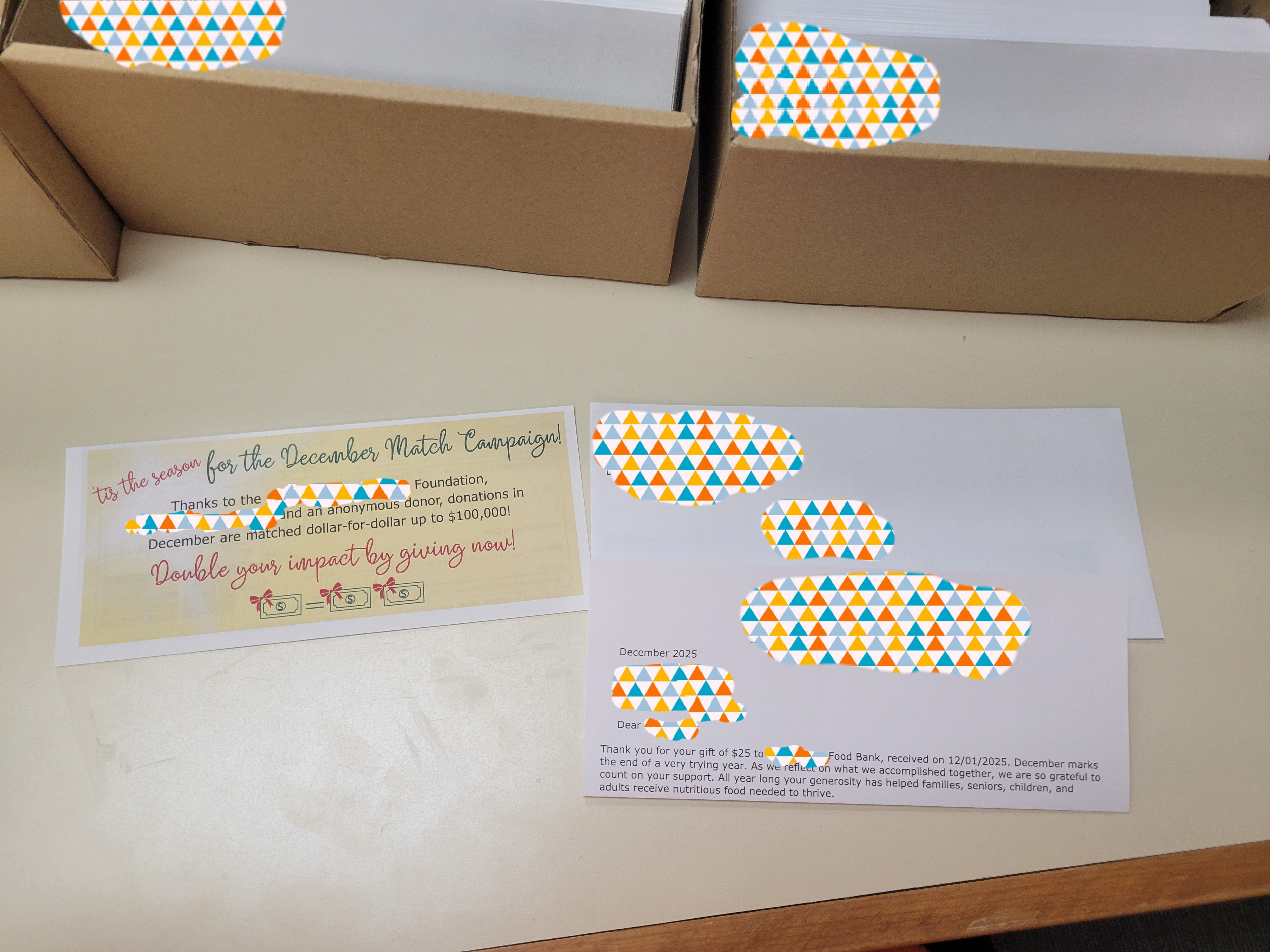 Letter thanking a donor for donating and a flyer that says some donors will match your december donation.